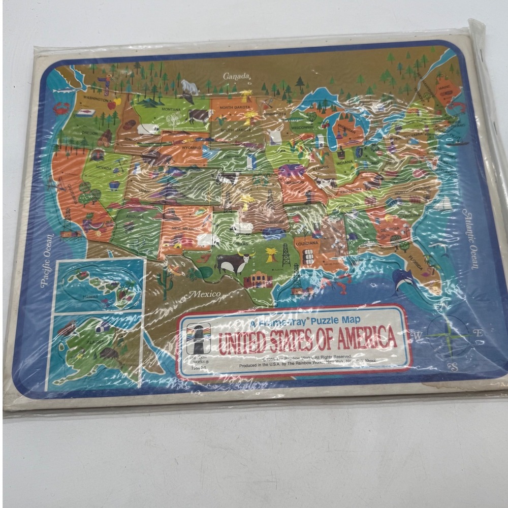 Vintage 1968 The Rainbow Works USA Map Frame-Tray Puzzle‎ New Sealed Mid century